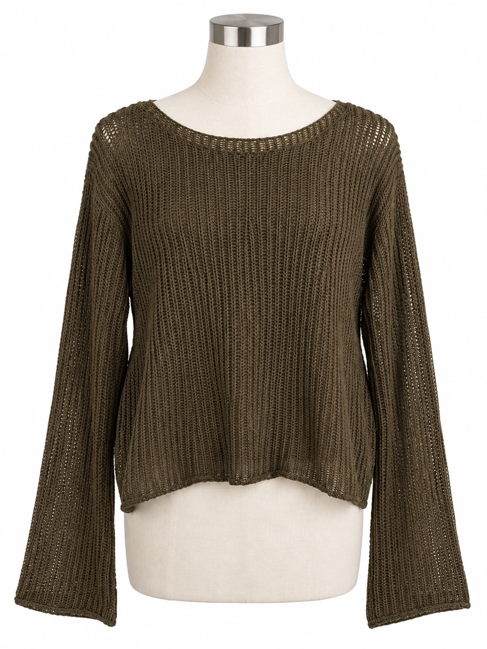 Zara Olive green Open-Knit Scoop Neck Women's Sweater